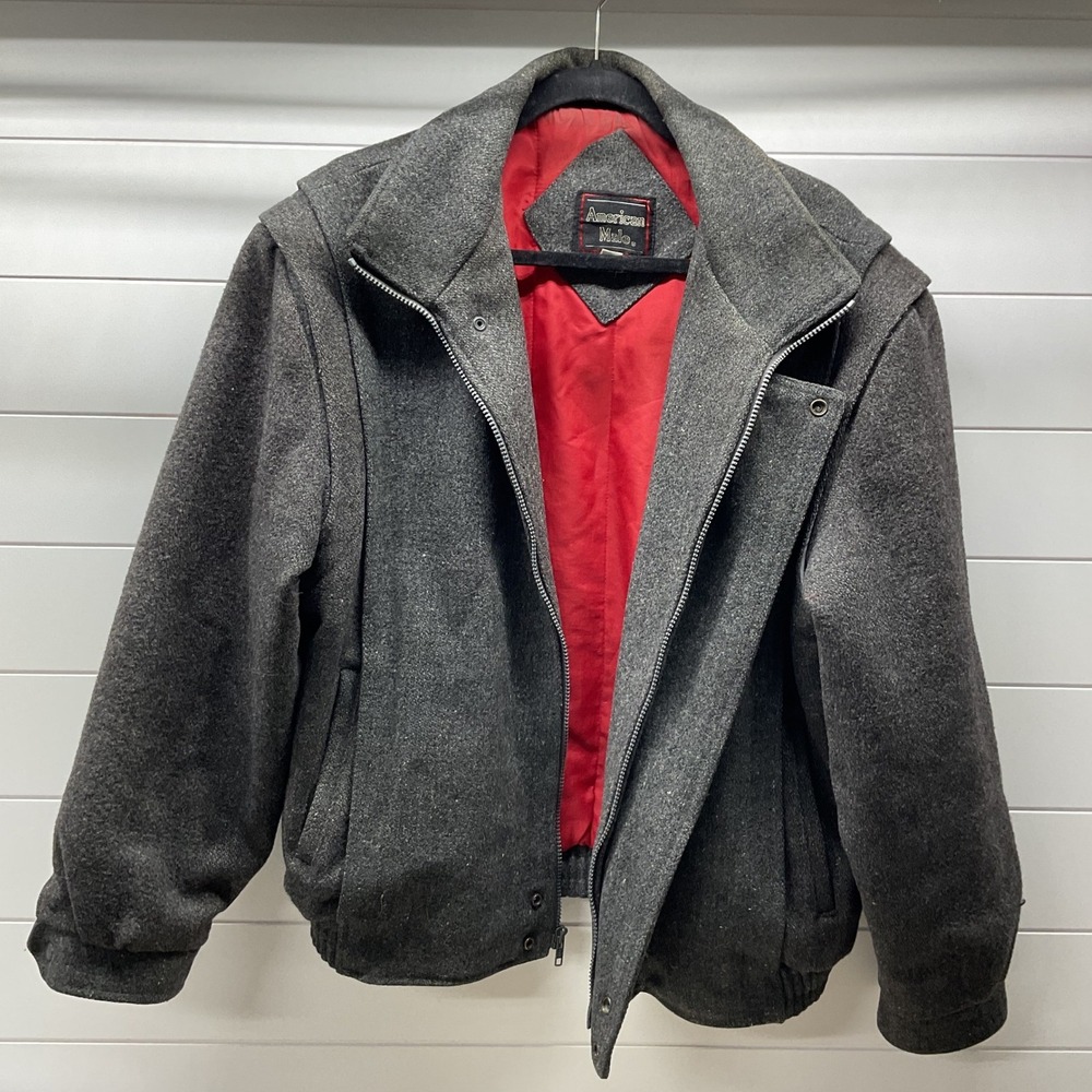 American Male Vintage Wool Bomber Jacket Grey Red Lining Asymmetric Zip Mens L